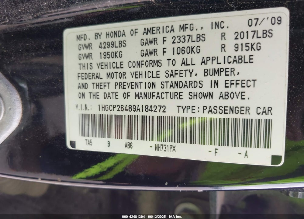 2009 HONDA ACCORD 2.4 LX-P VIN: 1HGCP26489A184272
