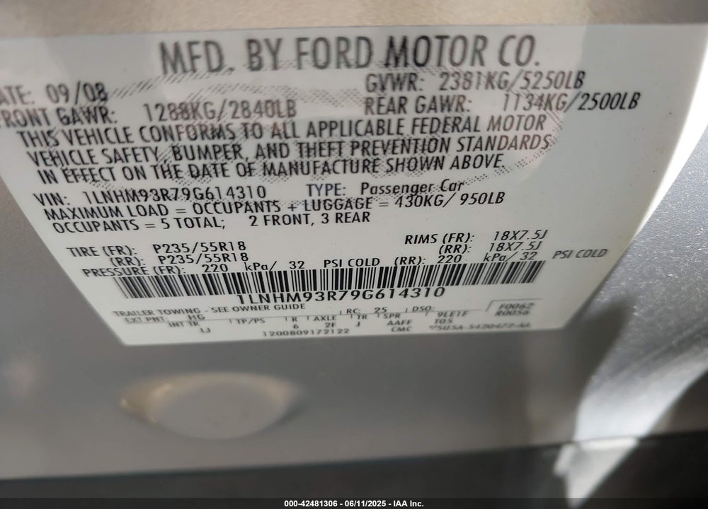 2009 LINCOLN MKS VIN: 1LNHM93R79G614310