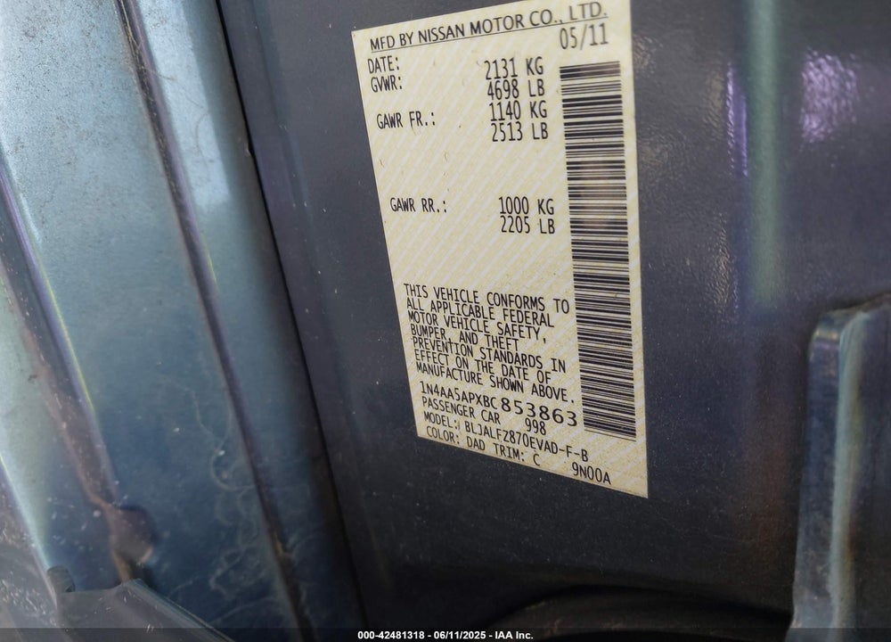 2011 NISSAN MAXIMA VIN: 1N4AA5APXBC853863