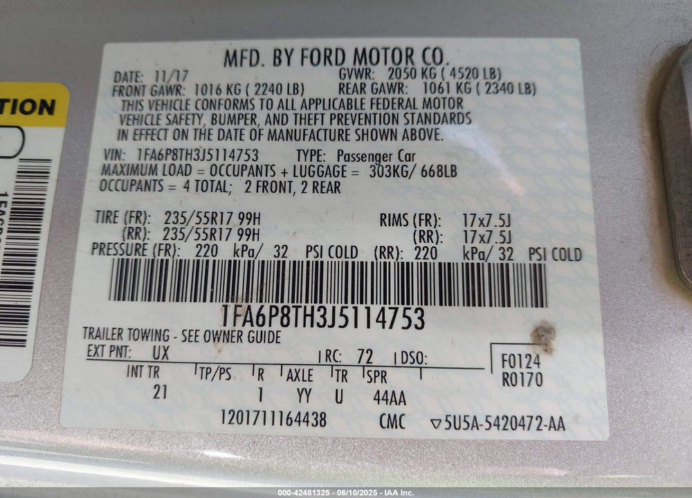 2018 FORD MUSTANG VIN: 1FA6P8TH3J5114753
