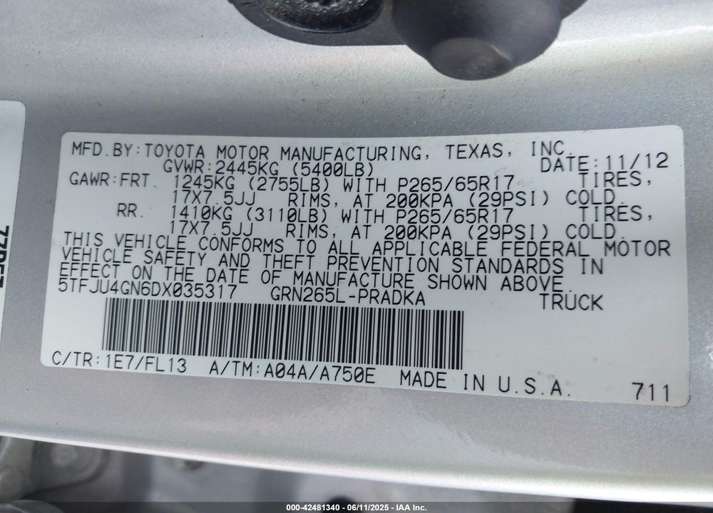 2013 TOYOTA TACOMA VIN: 5TFJU4GN6DX035317