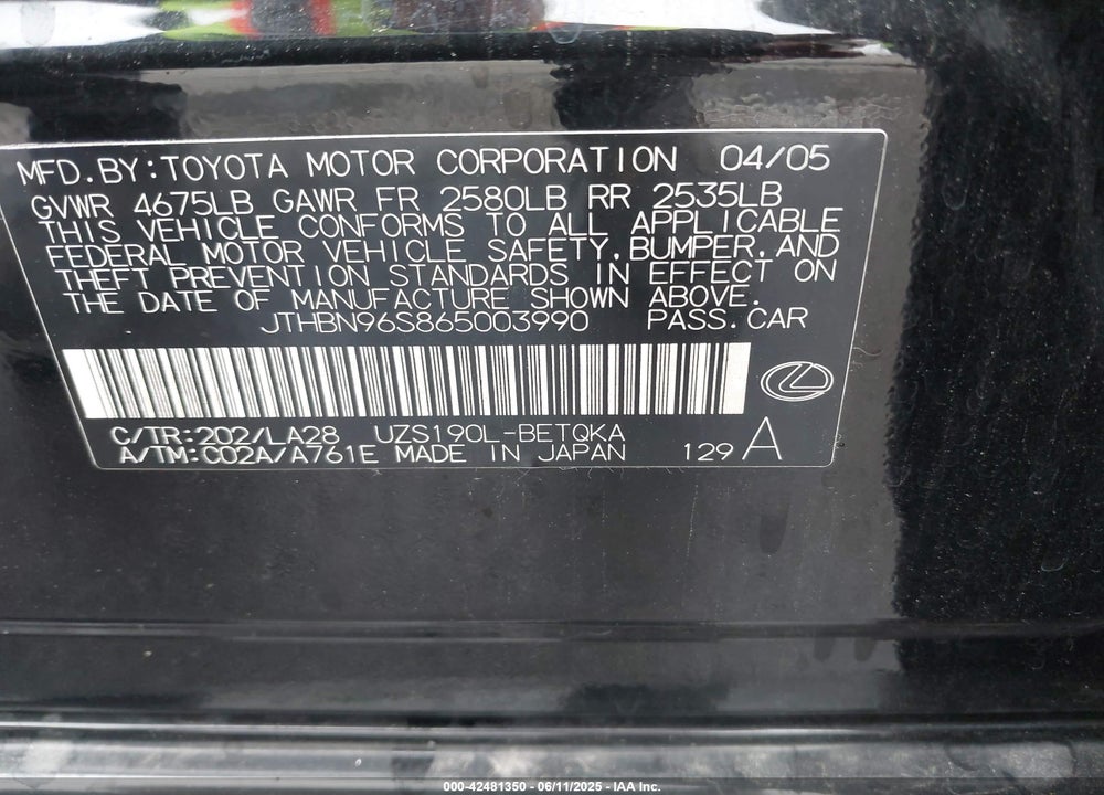 2006 LEXUS GS 430 VIN: JTHBN96S865003990