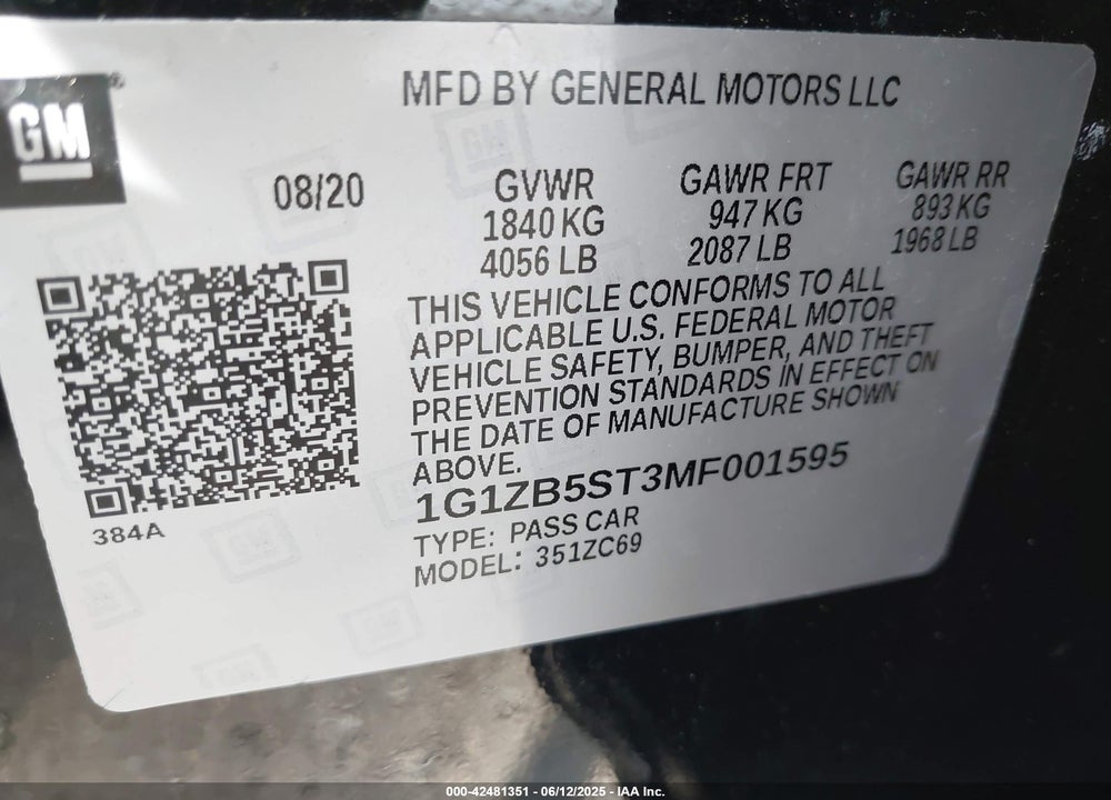 2021 CHEVROLET MALIBU VIN: 1G1ZB5ST3MF001595