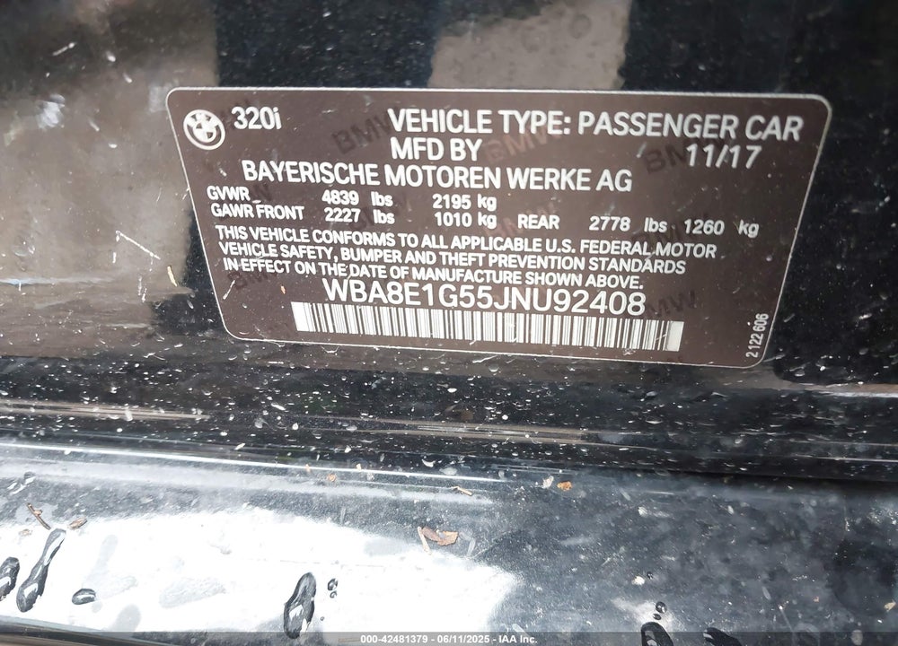 2018 BMW 320I VIN: WBA8E1G55JNU92408