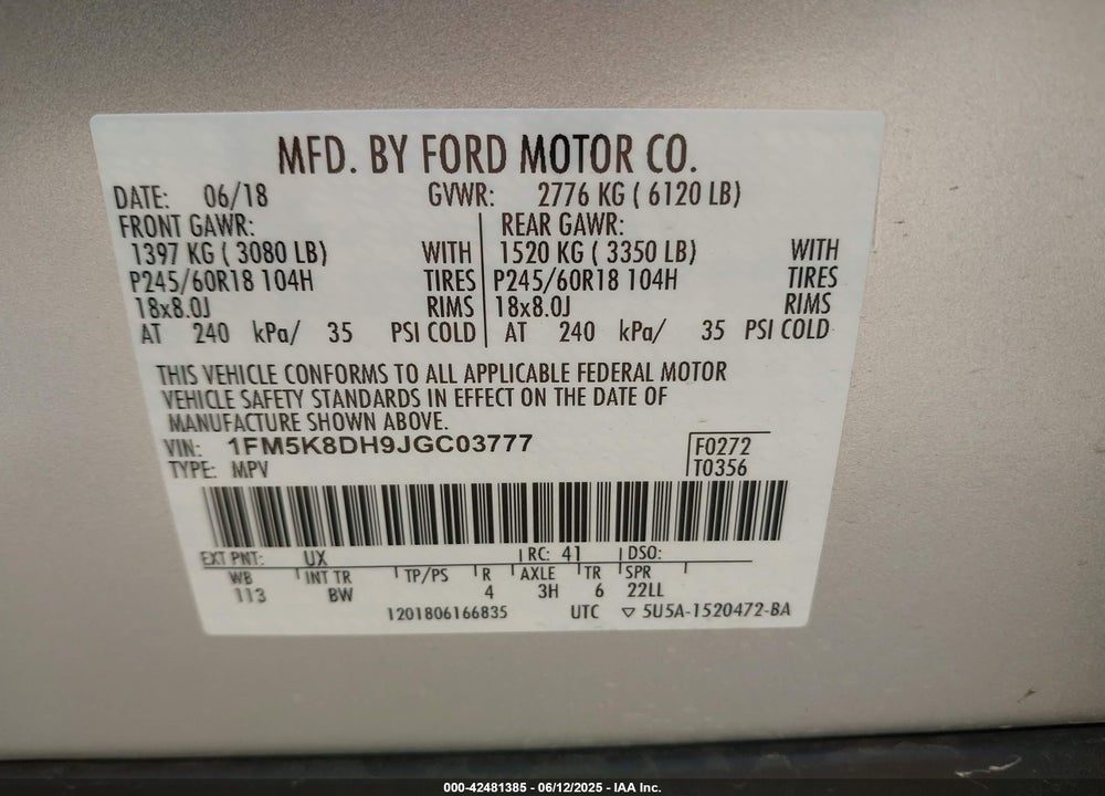 2018 FORD EXPLORER VIN: 1FM5K8DH9JGC03777
