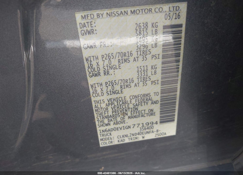 2016 NISSAN FRONTIER SV VIN: 1N6AD0EV1GN771994