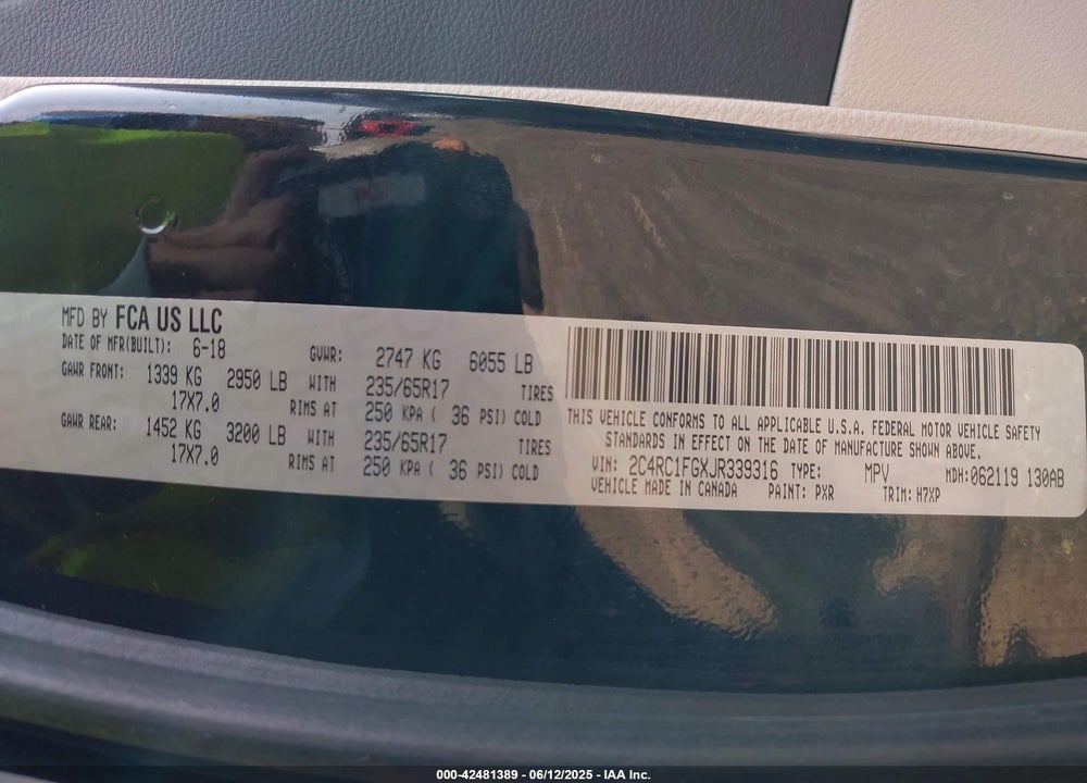 2018 CHRYSLER PACIFICA TOURING PLUS VIN: 2C4RC1FGXJR339316