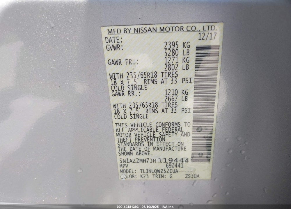 2018 NISSAN MURANO SV VIN: 5N1AZ2MH7JN119444