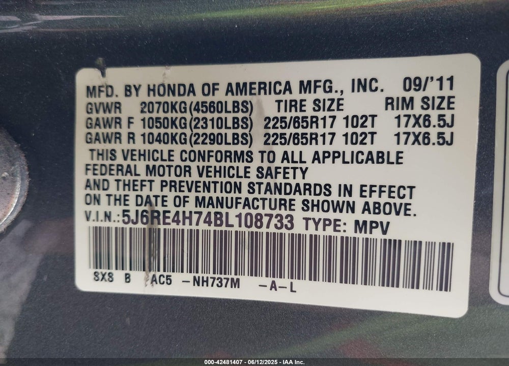 2011 HONDA CR-V VIN: 5J6RE4H74BL108733