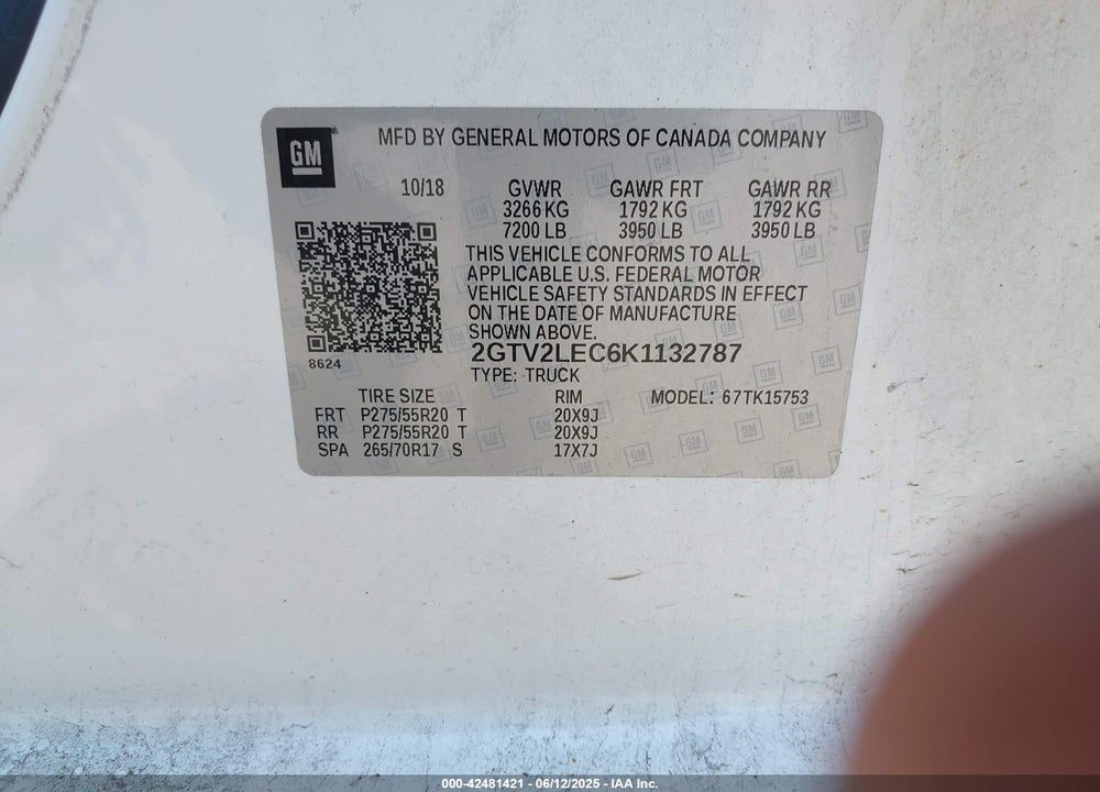 2019 GMC SIERRA 1500 LIMITED VIN: 2GTV2LEC6K1132787