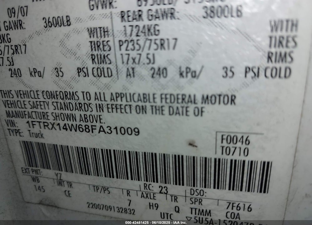 2008 FORD F-150 STX/XL/XLT VIN: 1FTRX14W68FA31009