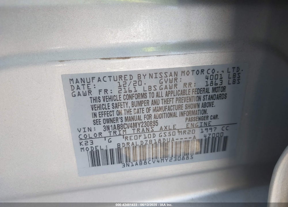 2021 NISSAN SENTRA VIN: 3N1AB8CV4MY230885