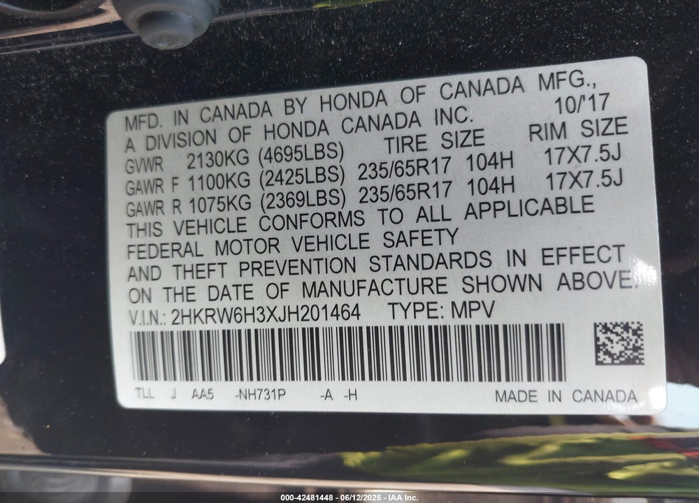 2018 HONDA CR-V VIN: 2HKRW6H3XJH201464