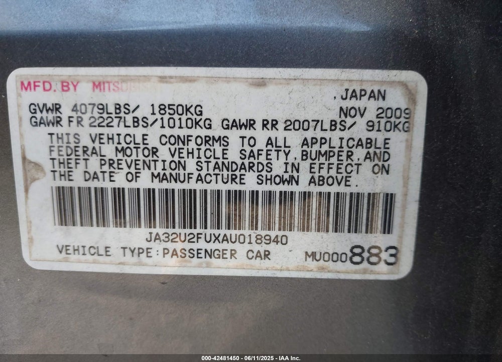 2010 MITSUBISHI LANCER ES VIN: JA32U2FUXAU018940