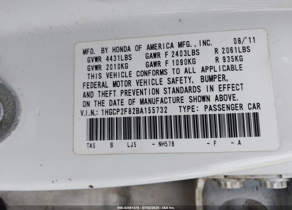 2011 HONDA ACCORD VIN: 1HGCP2F82BA155732