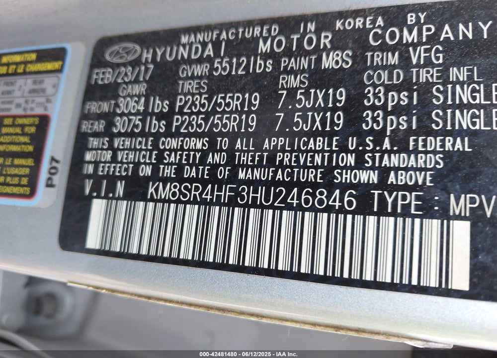 2017 HYUNDAI SANTA FE VIN: KM8SR4HF3HU246846