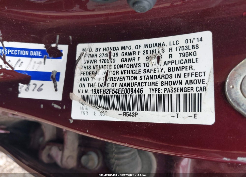 2014 HONDA CIVIC LX VIN: 19XFB2F54EE009446