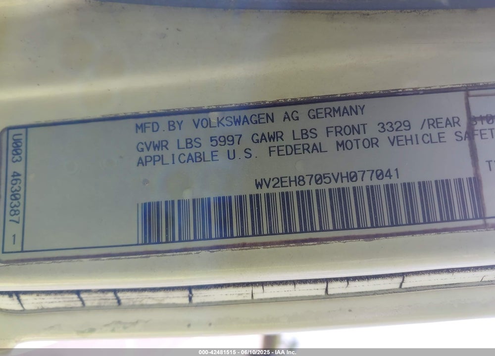 1997 VOLKSWAGEN EUROVAN VIN: WV2EH8705VH077041