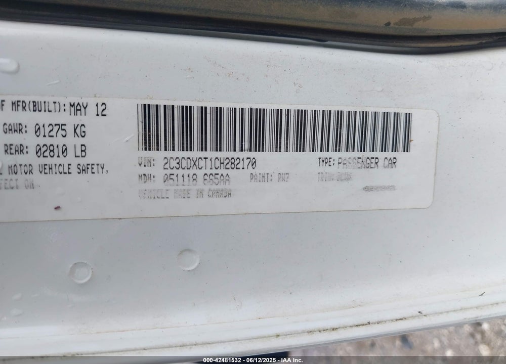 2012 DODGE CHARGER VIN: 2C3CDXCT1CH282170