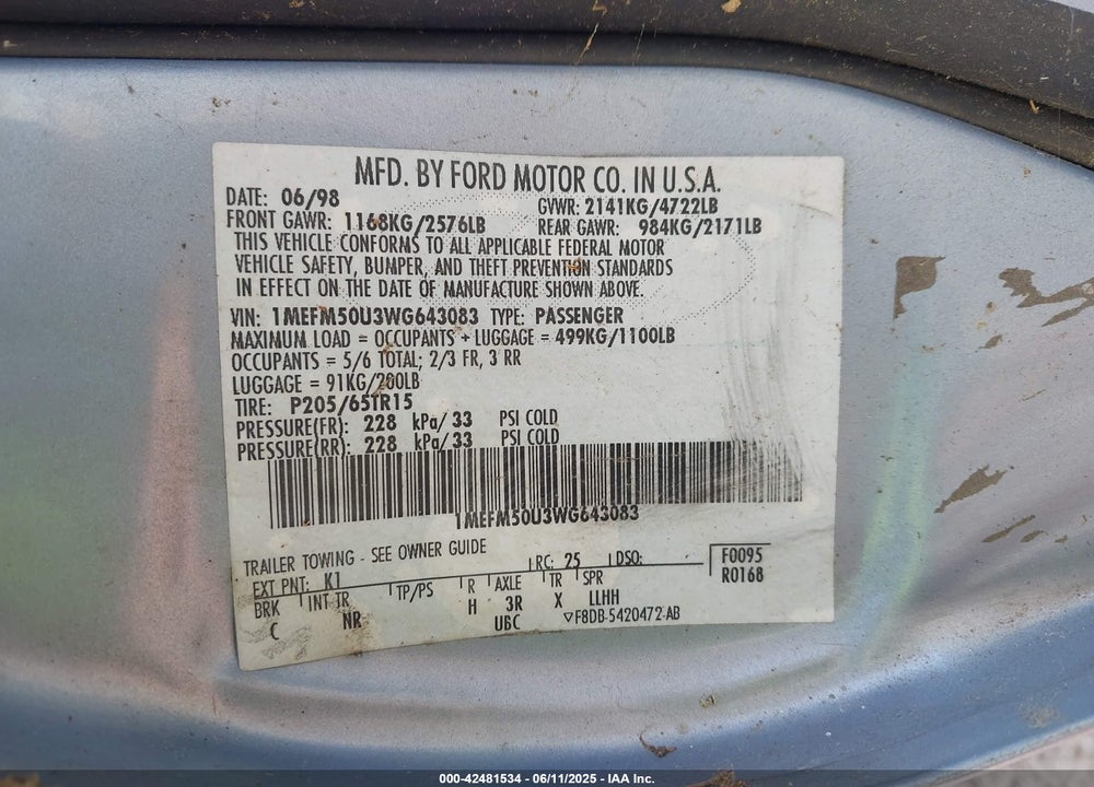 1998 MERCURY SABLE GS/LS VIN: 1MEFM50U3WG643083