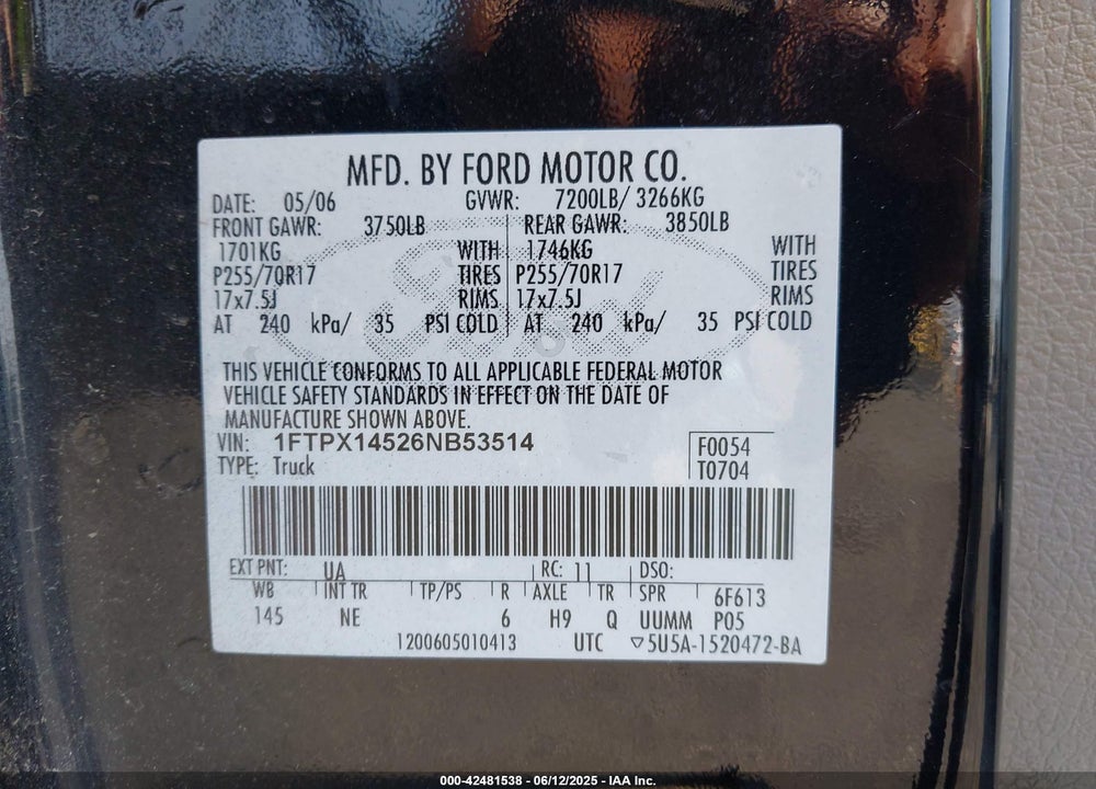 2006 FORD F-150 VIN: 1FTPX14526NB53514