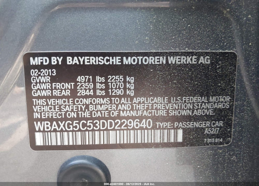 2013 BMW 528I VIN: WBAXG5C53DD229640