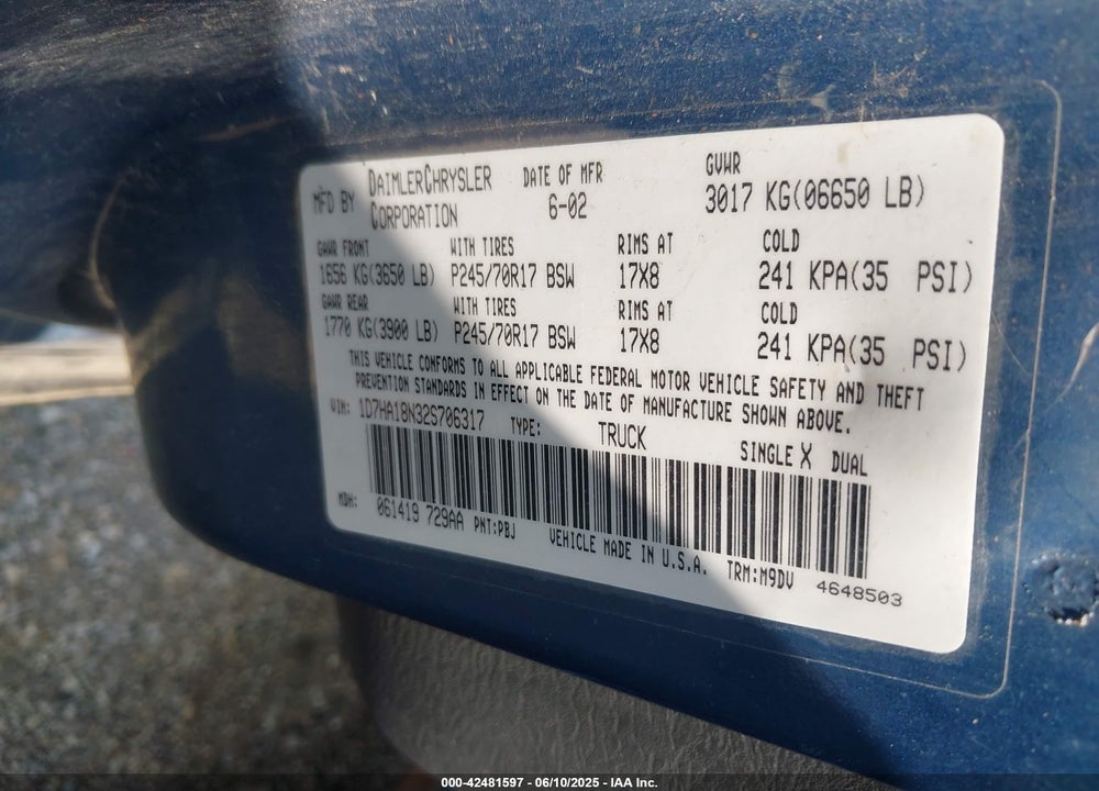 2002 DODGE RAM 1500 ST VIN: 1D7HA18N32S706317