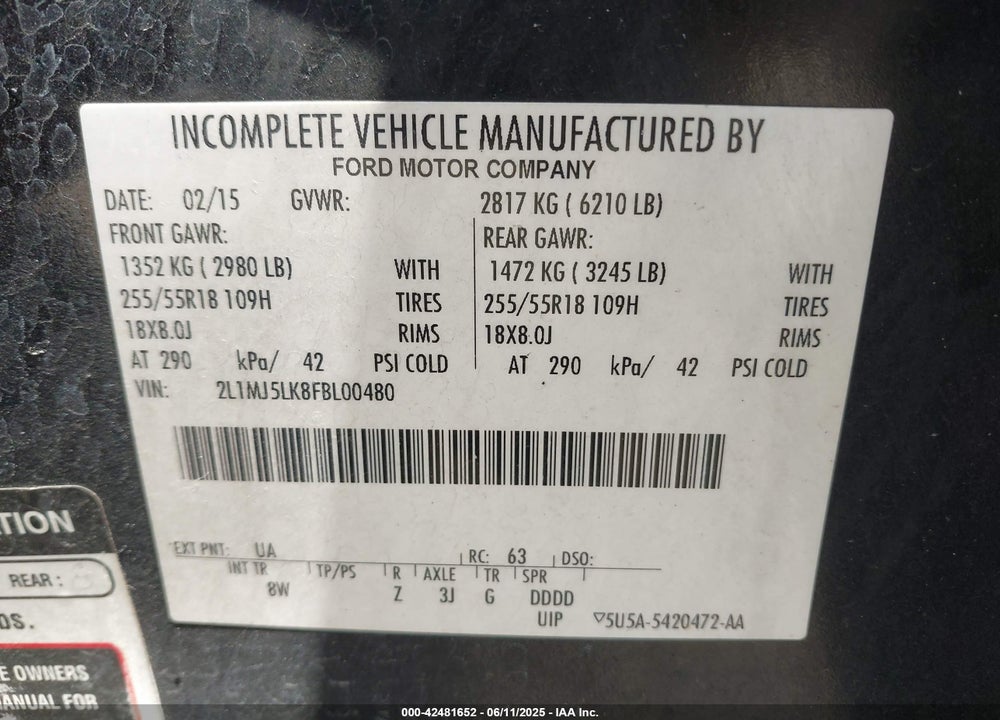 2015 LINCOLN MKT VIN: 2L1MJ5LK8FBL00480