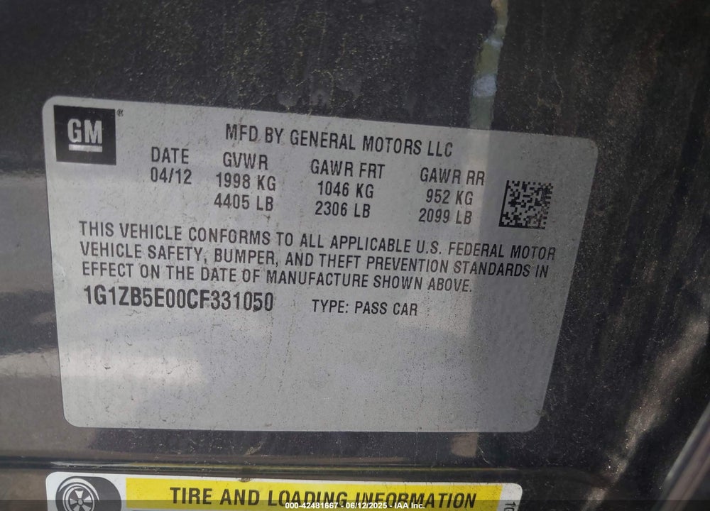 2012 CHEVROLET MALIBU VIN: 1G1ZB5E00CF331050