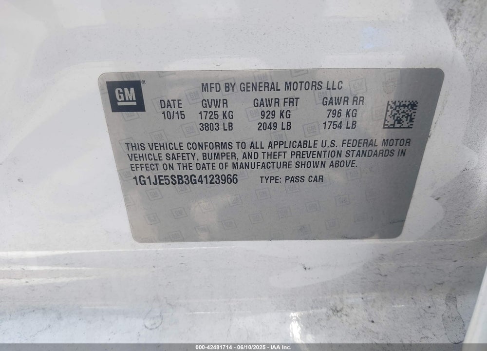 2016 CHEVROLET SONIC VIN: 1G1JE5SB3G4123966