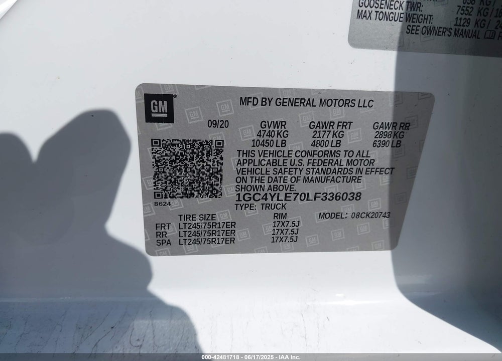 2020 CHEVROLET SILVERADO 2500HD 4WD STANDARD BED WT VIN: 1GC4YLE70LF336038