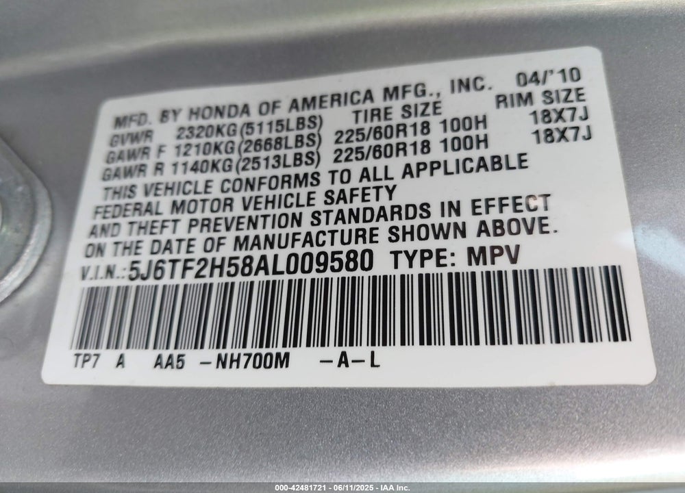 2010 HONDA ACCORD CROSSTOUR EX-L VIN: 5J6TF2H58AL009580