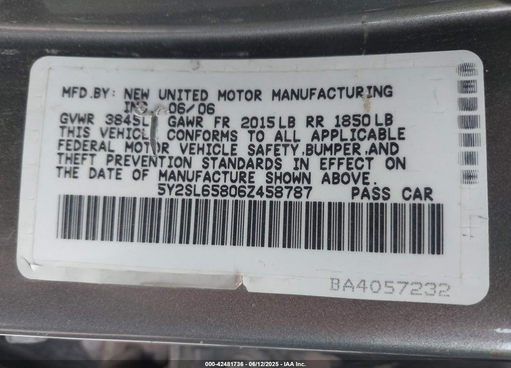 2006 PONTIAC VIBE VIN: 5Y2SL65806Z458787