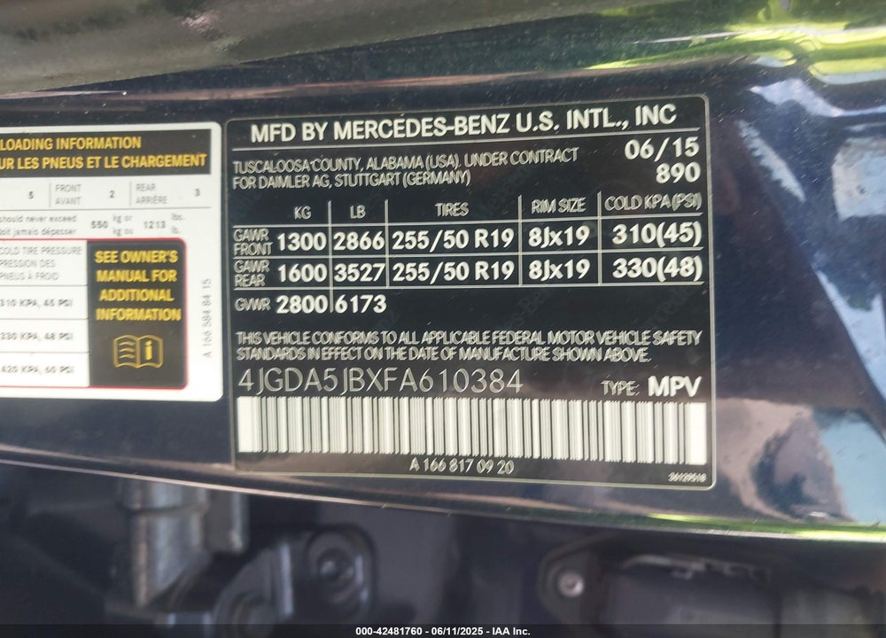 2015 MERCEDES-BENZ M-CLASS VIN: 4JGDA5JBXFA610384
