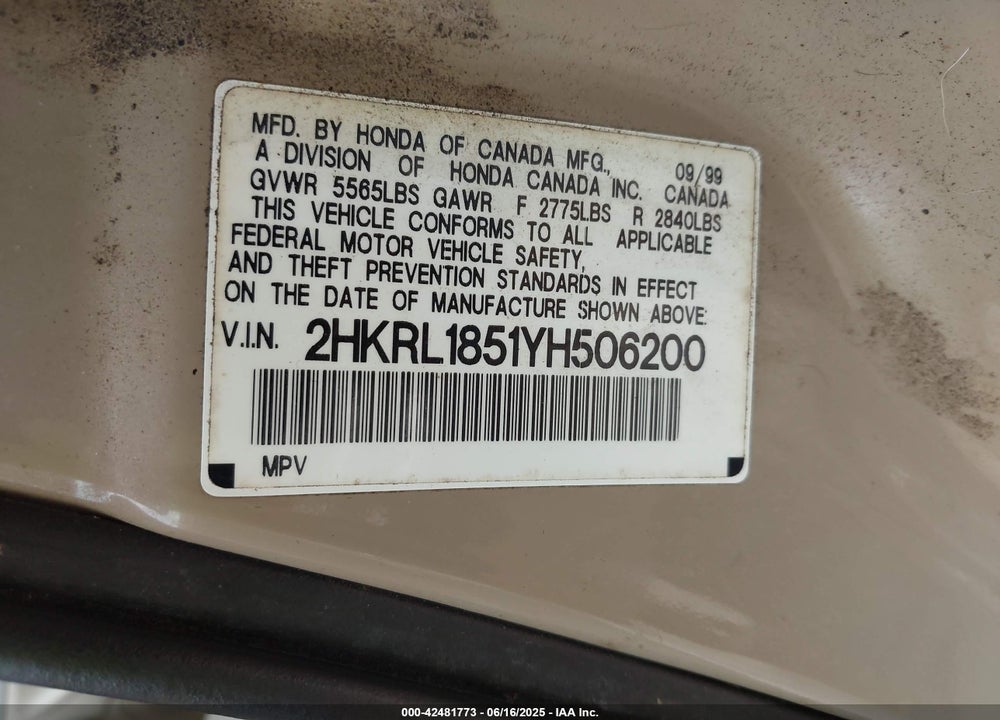 2000 HONDA ODYSSEY LX VIN: 2HKRL1851YH506200
