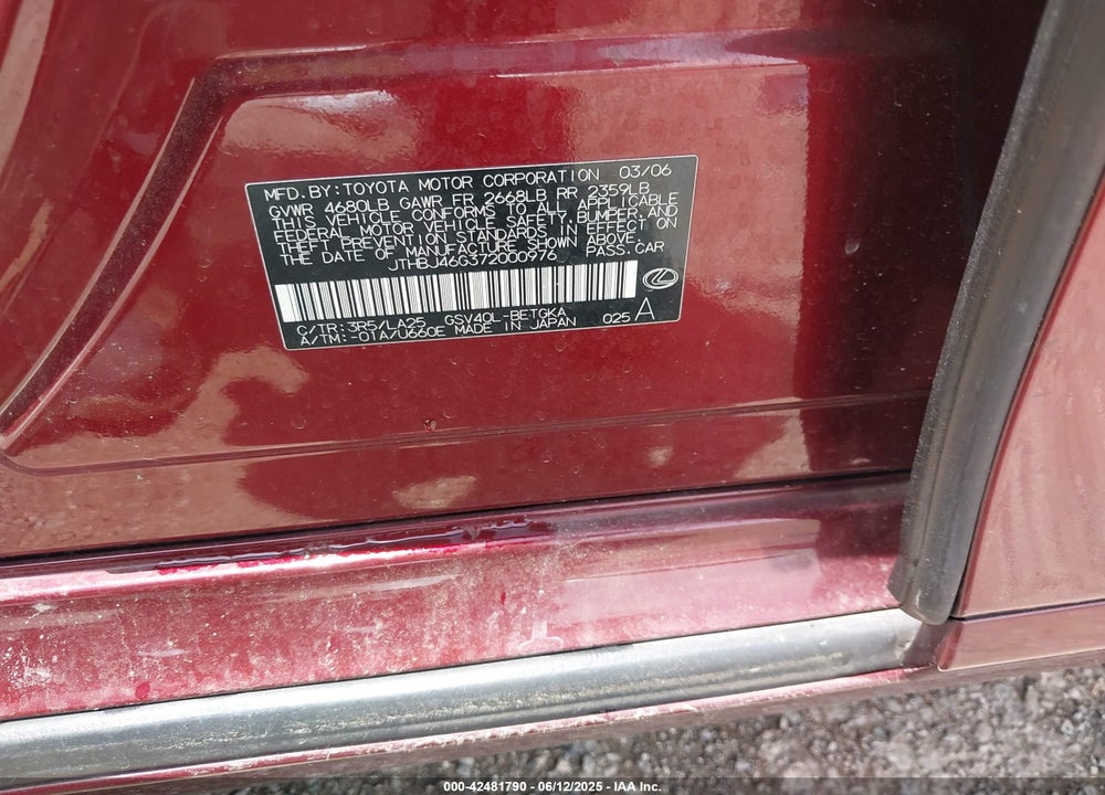 2007 LEXUS ES350 VIN: JTHBJ46G372000976