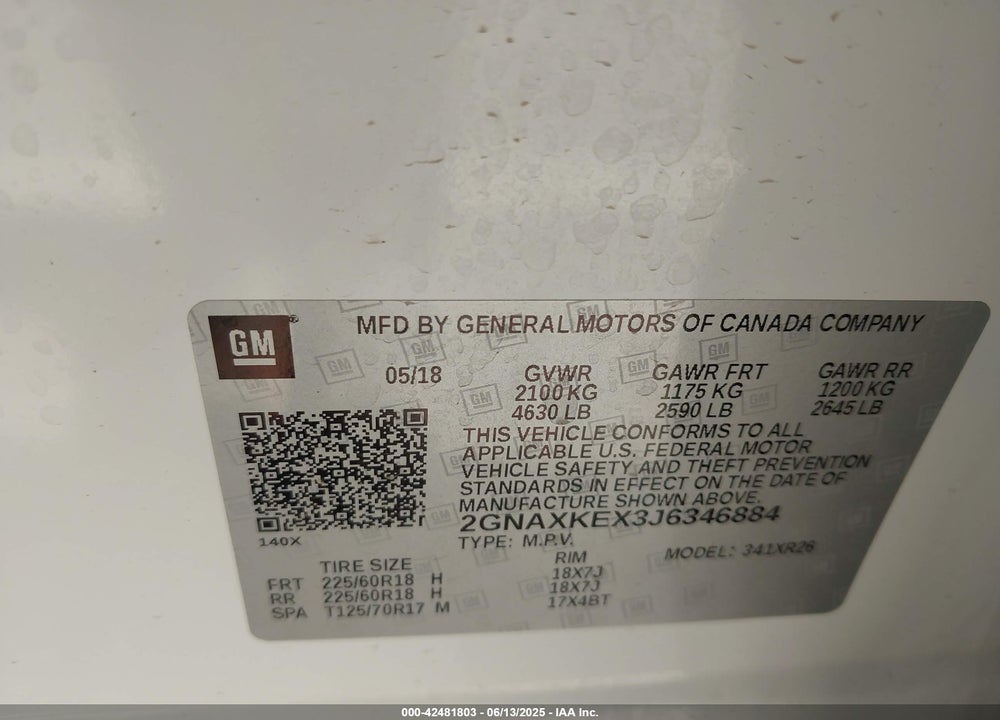 2018 CHEVROLET EQUINOX VIN: 2GNAXKEX3J6346884