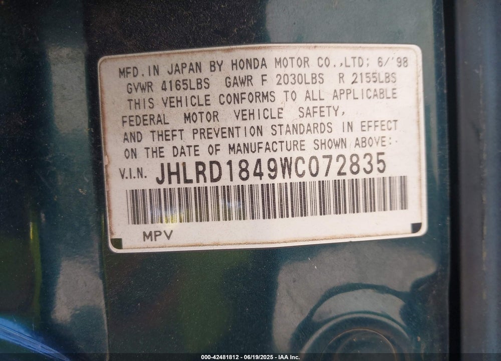 1998 HONDA CR-V LX VIN: JHLRD1849WC072835