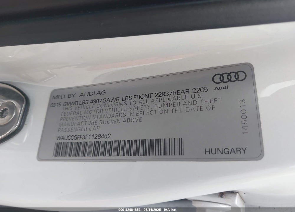 2015 AUDI A3 1.8T PREMIUM VIN: WAUCCGFF3F1128452