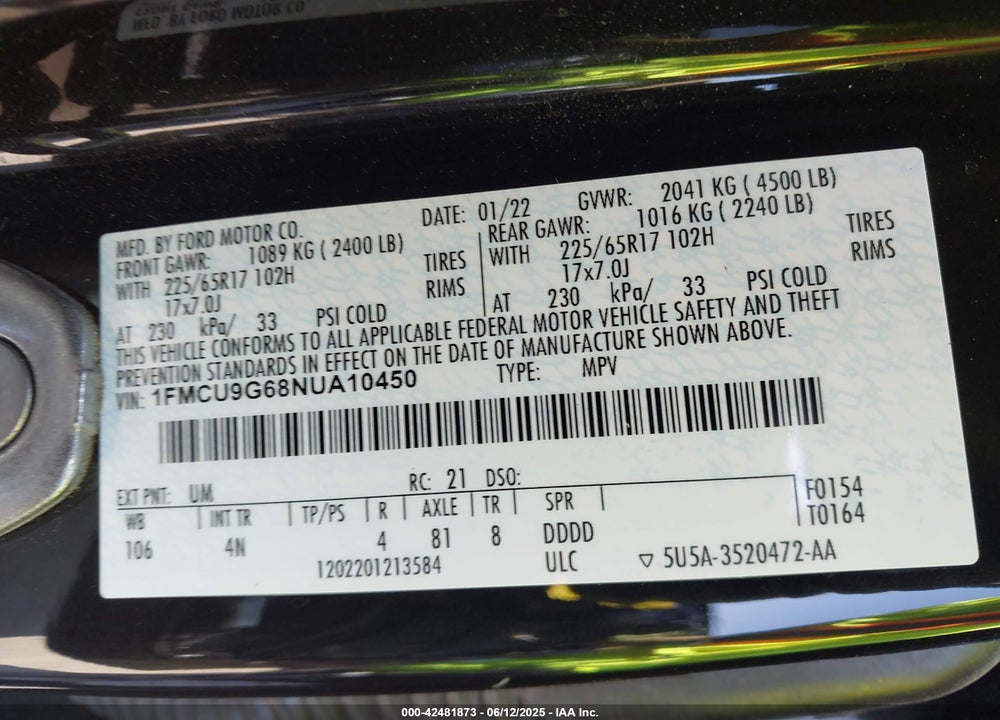 2022 FORD ESCAPE VIN: 1FMCU9G68NUA10450