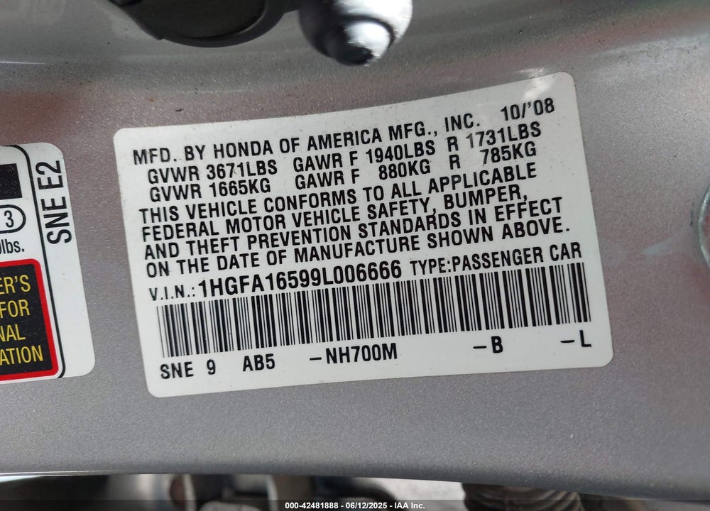 2009 HONDA CIVIC LX VIN: 1HGFA16599L006666