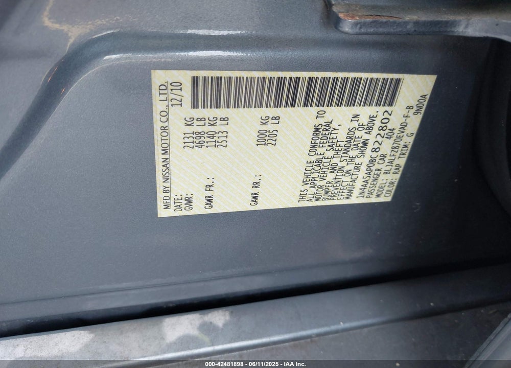 2011 NISSAN MAXIMA VIN: 1N4AA5AP0BC822802