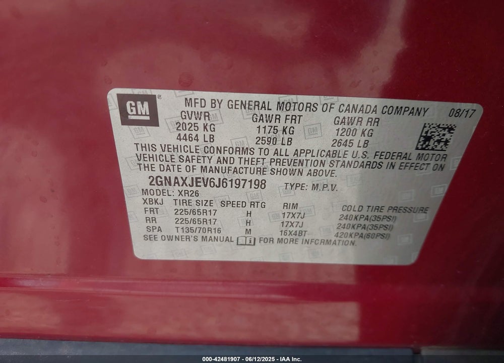 2018 CHEVROLET EQUINOX VIN: 2GNAXJEV6J6197198
