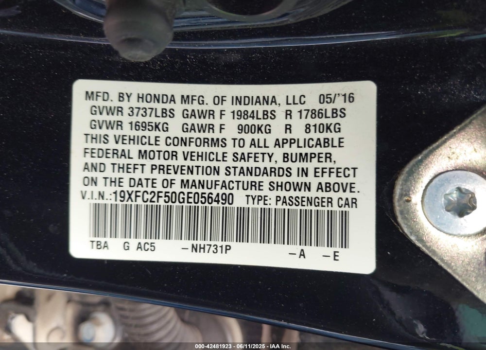 2016 HONDA CIVIC VIN: 19XFC2F50GE056490