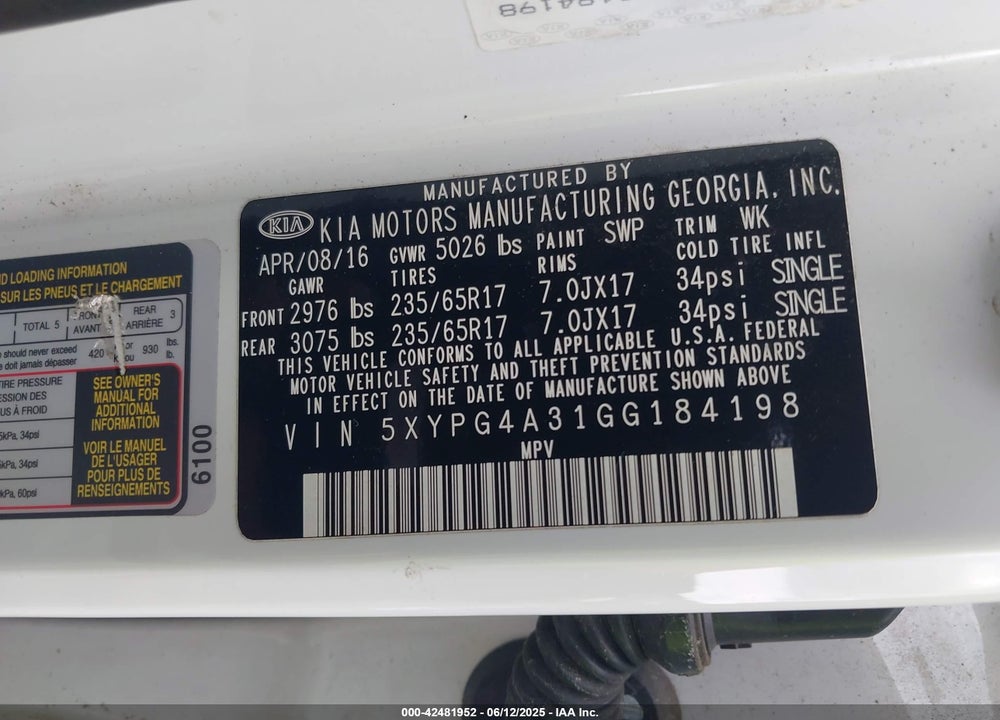 2016 KIA SORENTO VIN: 5XYPG4A31GG184198