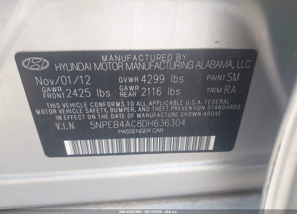 2013 HYUNDAI SONATA GLS VIN: 5NPEB4AC8DH636304