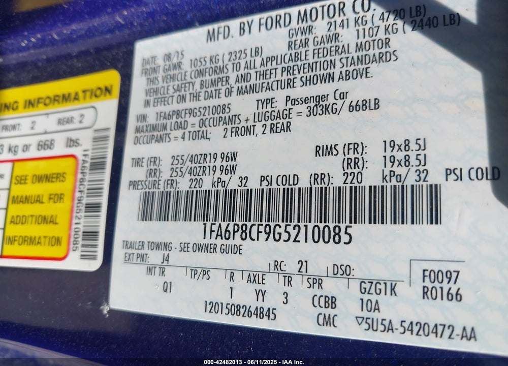 2016 FORD MUSTANG GT VIN: 1FA6P8CF9G5210085