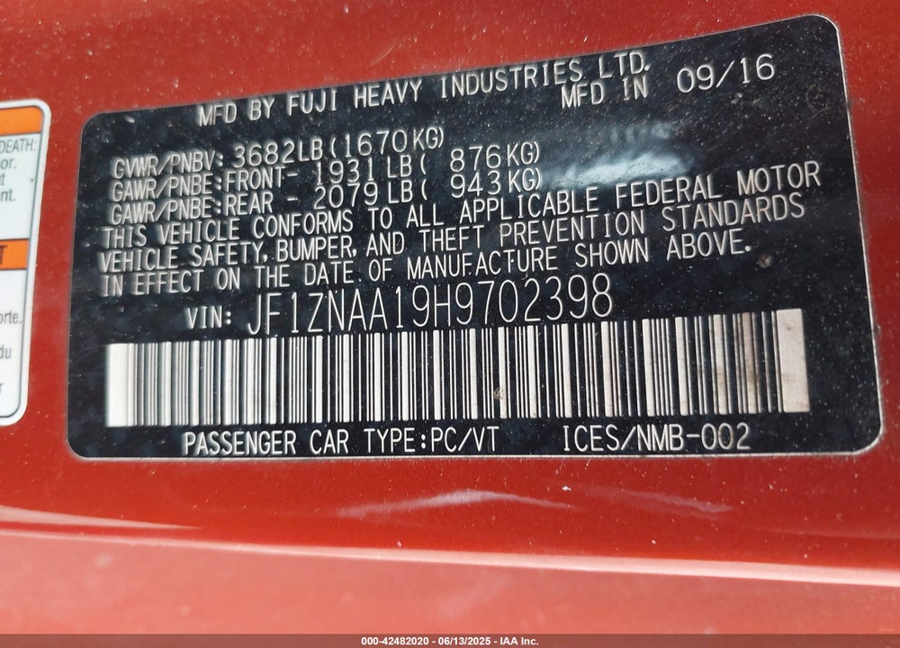 2017 TOYOTA 86 VIN: JF1ZNAA19H9702398