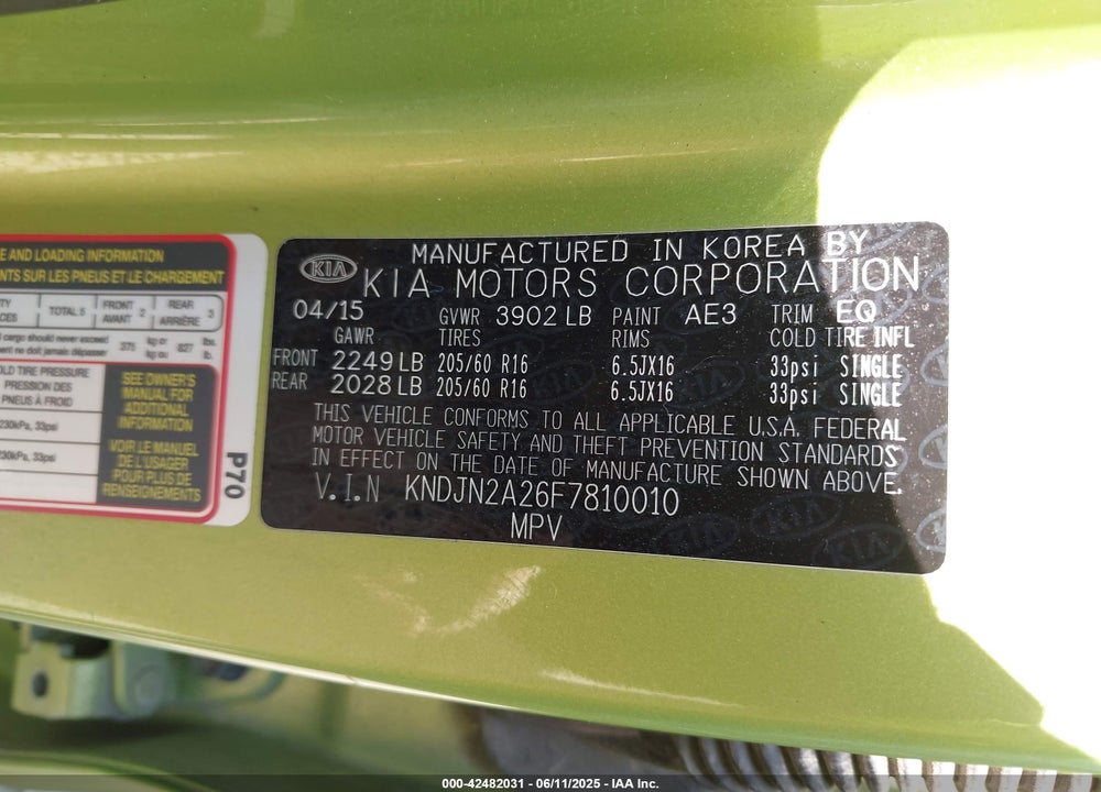 2015 KIA SOUL VIN: KNDJN2A26F7810010
