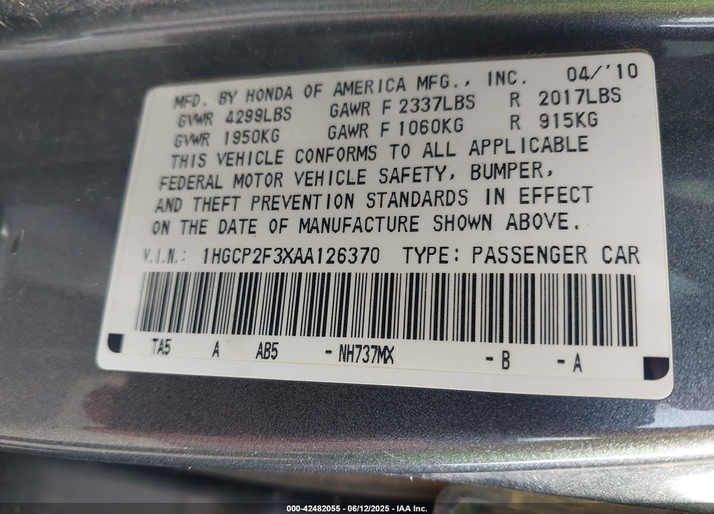 2010 HONDA ACCORD 2.4 LX VIN: 1HGCP2F3XAA126370